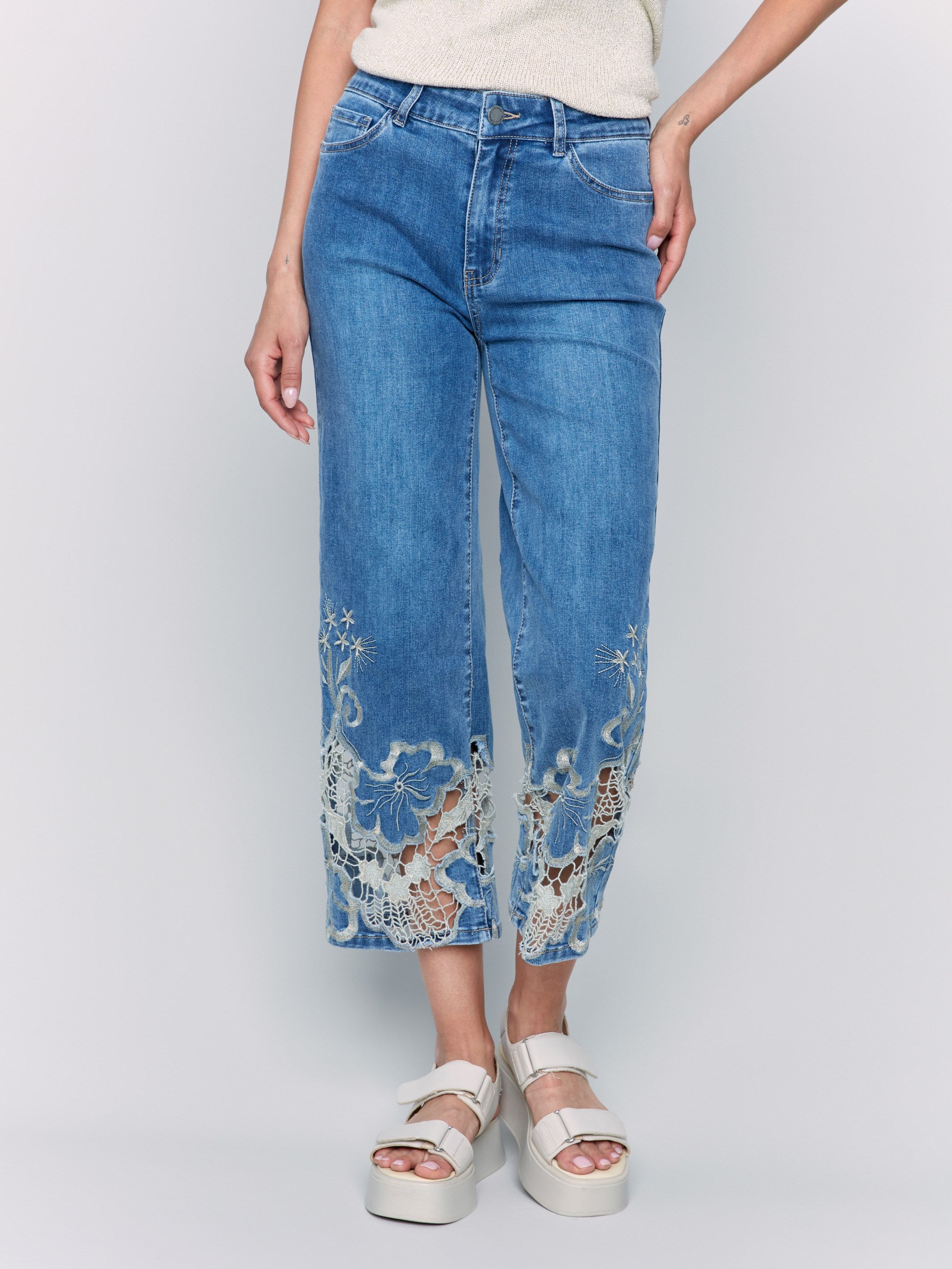 Cropped Flare Leg Jeans with Lace Hem - Medium Blue Denim Pants for Women | Casual & Boho Style Outfits | Perfect for Spring & Summer Wear
