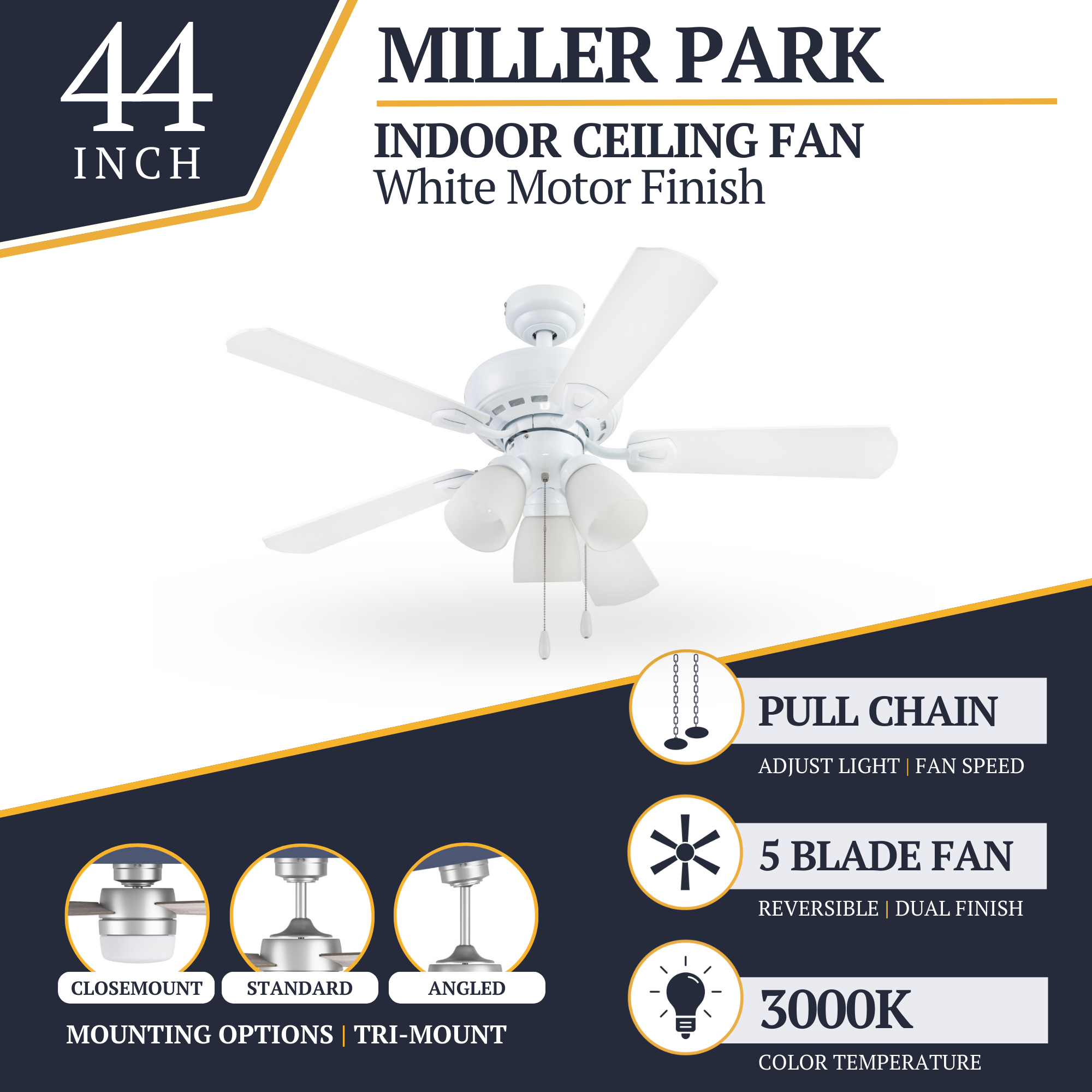 44 Inch White Miller Park Ceiling Fan with Pull Chain - Perfect for Living Room, Bedroom, and Office Cooling