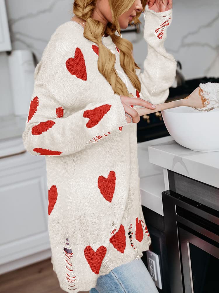 Tutorutor Women's Cute Heart Print Sweater - Oversized Off Shoulder Loose Knit Valentine Pullover Blouse Top for Casual Wear & Date Nights