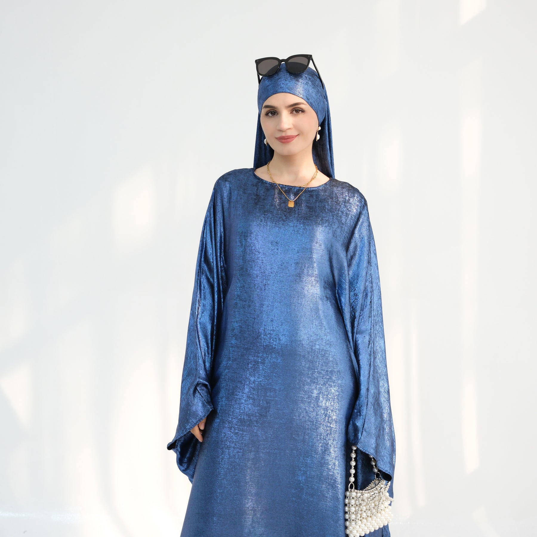 Linora Shimmer Butterfly Abaya Dress for Women - Elegant Blue Islamic Prayer Gown for Mosque, Eid, and Special Occasions