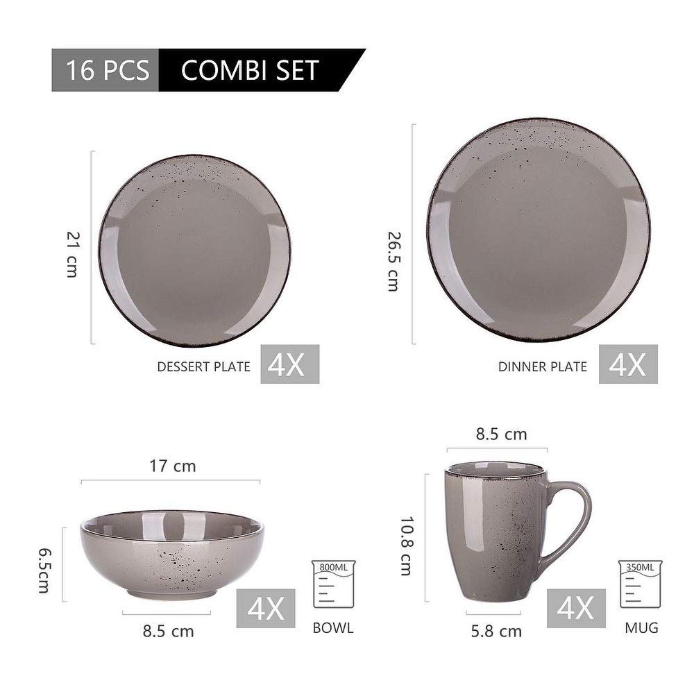 16-Piece Vintage Ceramic Stoneware Dinnerware Set - Heavy Duty Dishwasher & Microwave Safe, Scratch Resistant - Light Grey Plates, Bowls & Mugs for 4 - Perfect for Family Dinners, Entertaining Guests & Everyday Use