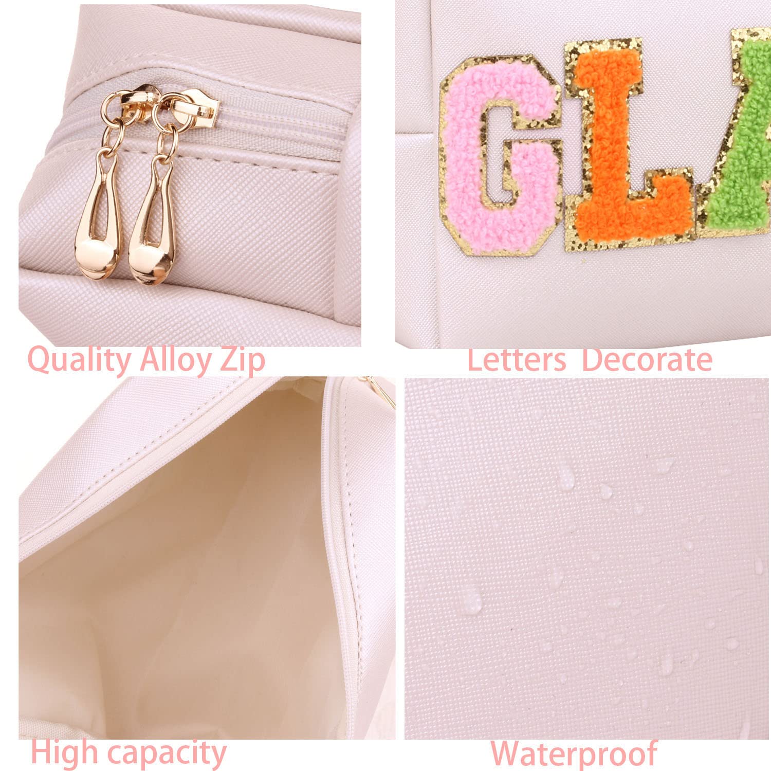 Preppy Patch Cosmetic Toiletry Bag for Women & Girls - PU Leather Makeup Organizer with SKIN Letters, Waterproof Travel Makeup Pouch, Zippered Storage Purse for Gym, Vacation & Daily Essentials