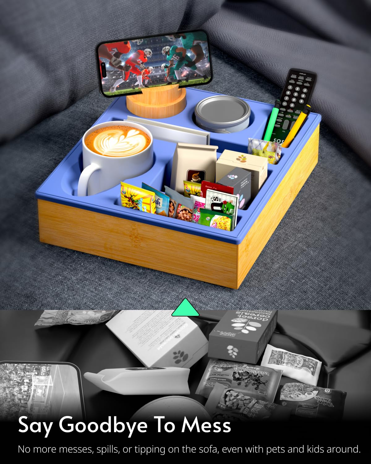 **Silicone Couch Cup Holder Tray - Multi-Functional Sofa & Bed Organizer Caddy with Drink Holder, Snack Tray & Remote Storage - Perfect for Living Room, Bedroom & Beach (Blue)**