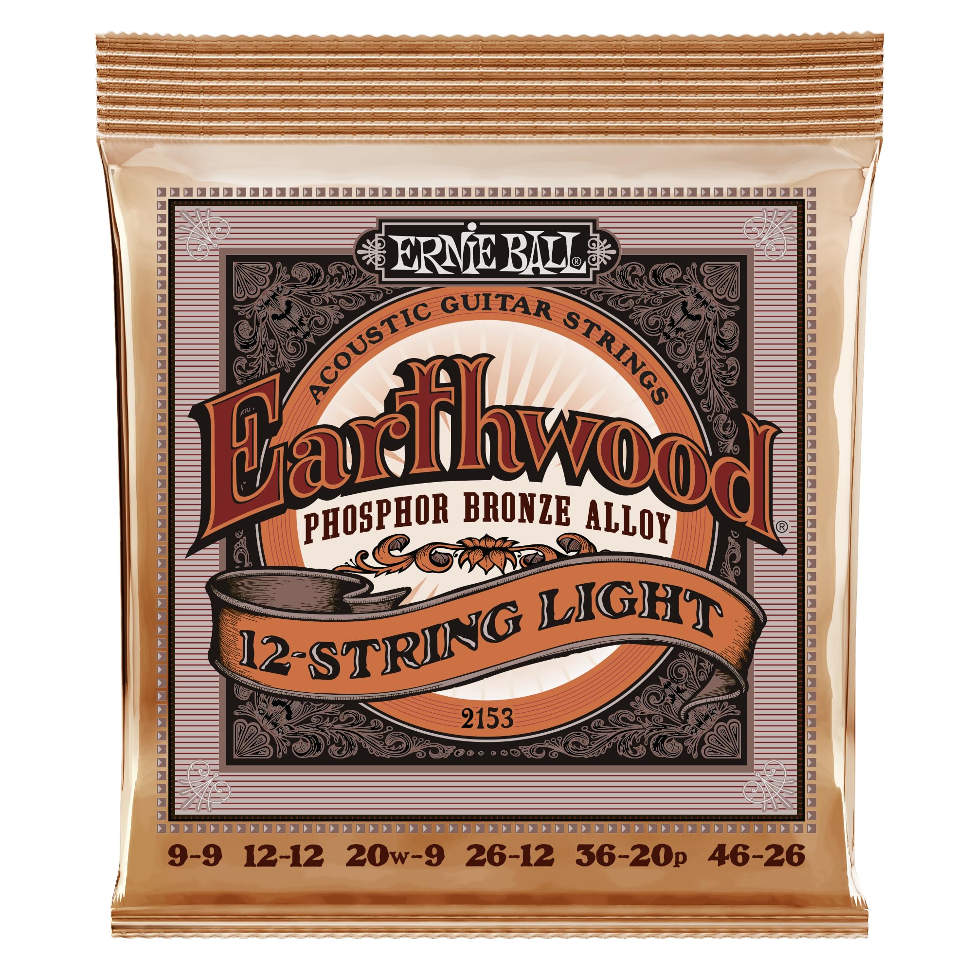 Ernie Ball Earthwood 12-String Light Phosphor Bronze Acoustic Guitar Strings (9-46 Gauge) - P02153 - Perfect for Folk, Rock & Country Music Performances