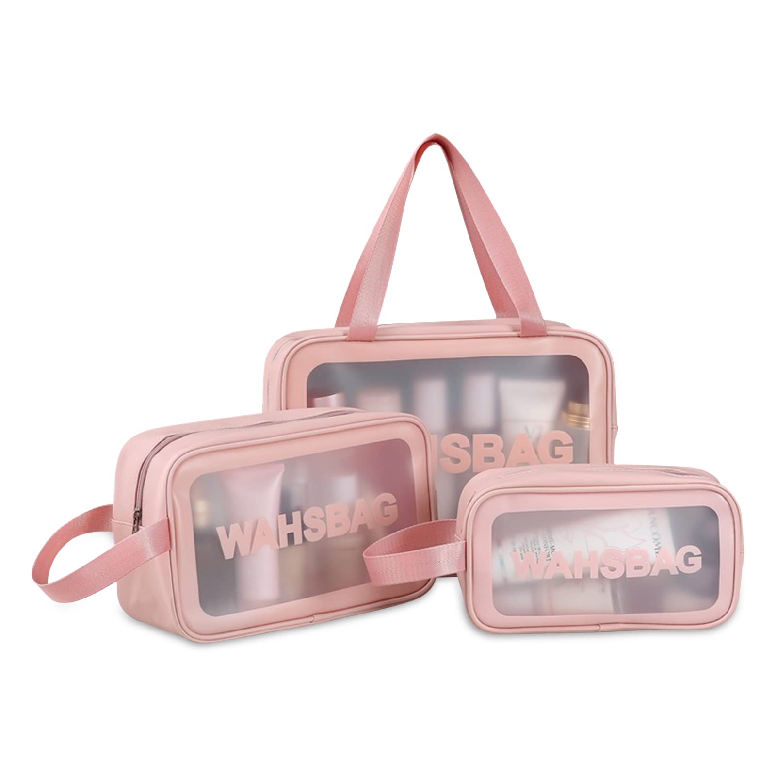 Ergocar 3-Piece Clear Travel Toiletry Bag Set - TSA Approved Waterproof Cosmetic Organizer for Women & Men | Perfect for Airports, Showers & Vacation Packing (Pink)