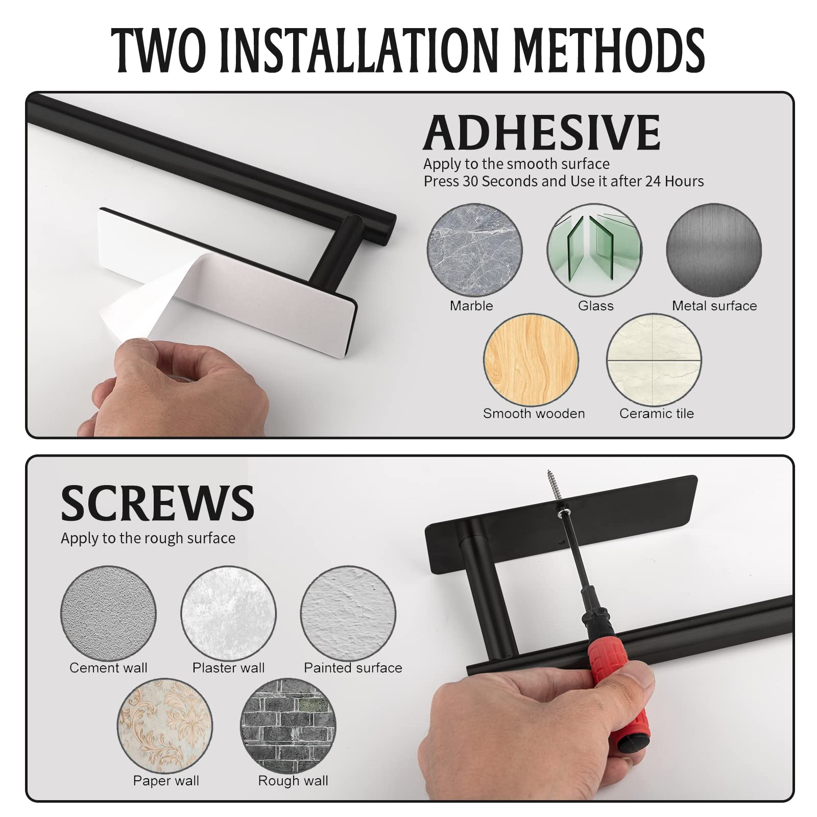 Stainless Steel Wall Mounted Tissue Holder - 13 Inch Self-Adhesive Toilet Paper Dispenser with Screws for Vertical or Horizontal Installation (Black) | Perfect for Bathroom, Kitchen, Office & RV Organization