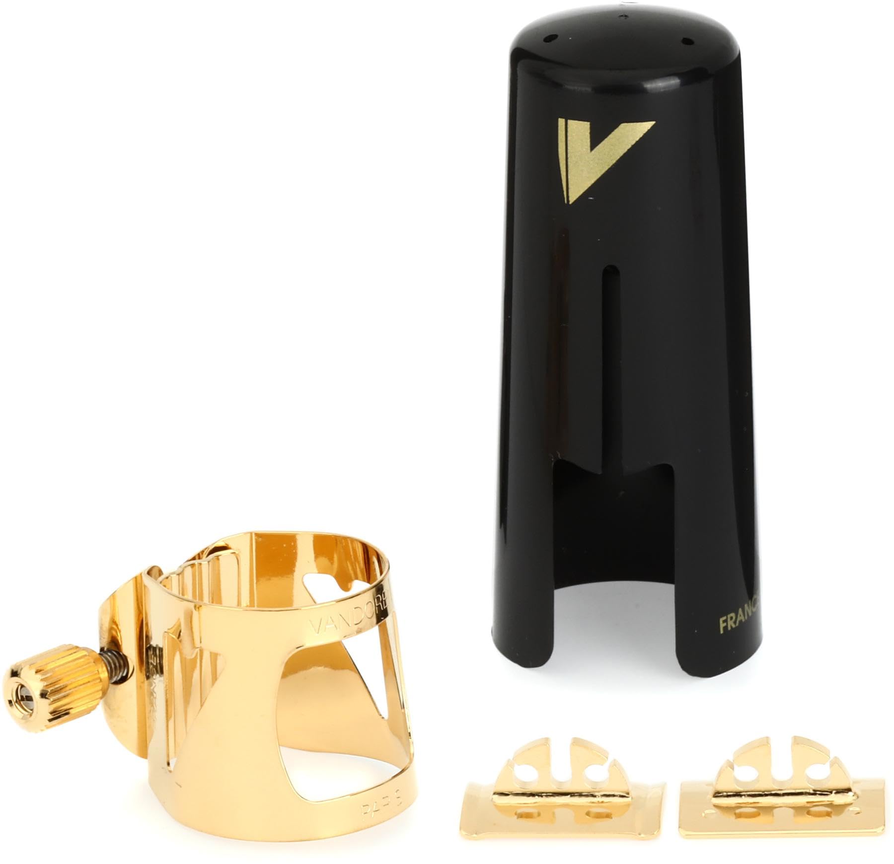 Vandoren LC07P Optimum Ligature & Plastic Cap for Alto Saxophone - Gold Plated with 3 Interchangeable Pressure Plates, Black | Professional Saxophone Accessories for Jazz, Classical & Band Performances
