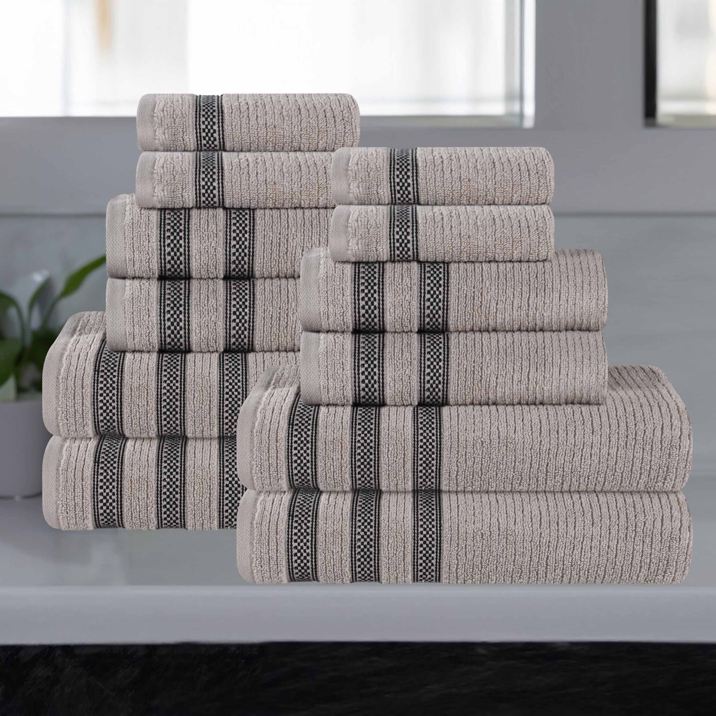 12-Piece Zero Twist Cotton Ribbed Geometric Border Plush Towel Set | Ultra Soft & Absorbent Bath, Beach & Gym Towels for Home & Travel