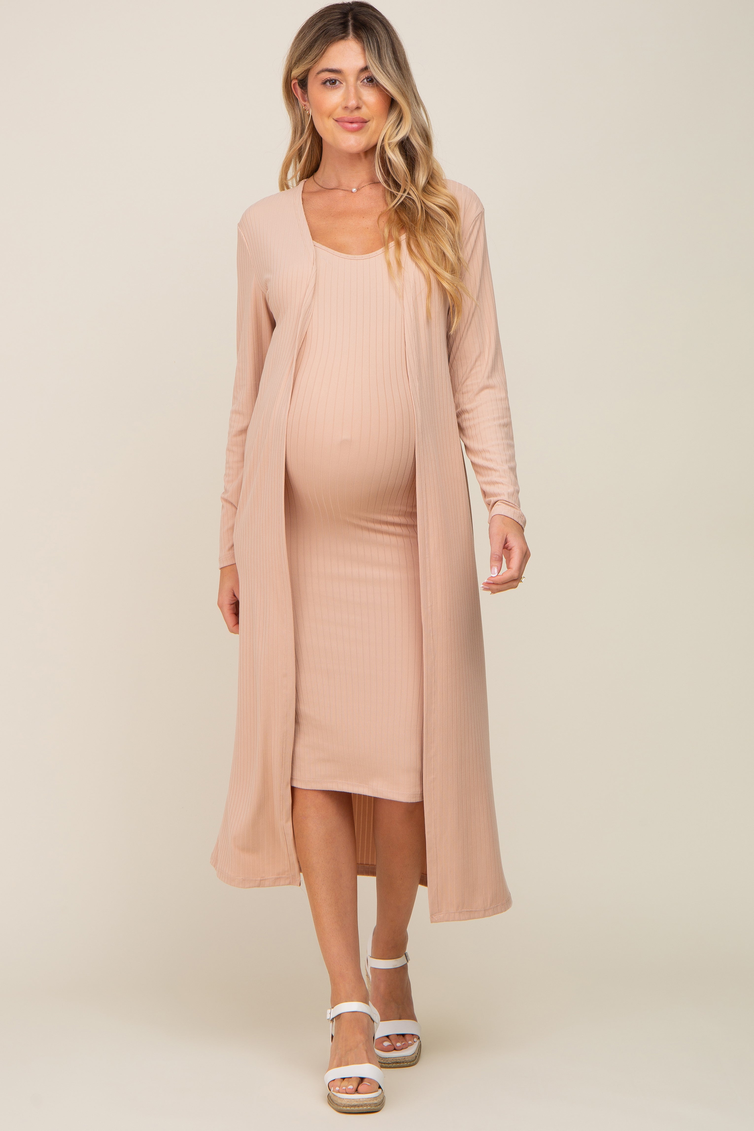 Beige Ribbed Cardigan 2 Piece Maternity Set - Soft Knit Sweater & Top for Pregnant Women | Perfect for Pregnancy Photos, Baby Showers & Casual Wear