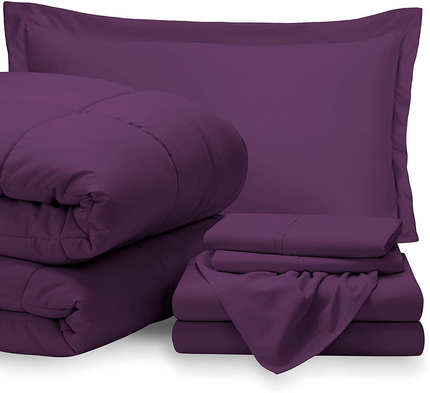 7-Piece King Size Bed-in-A-Bag Comforter Set - 600 Thread Count 100% Cotton Plum Bedding with 15