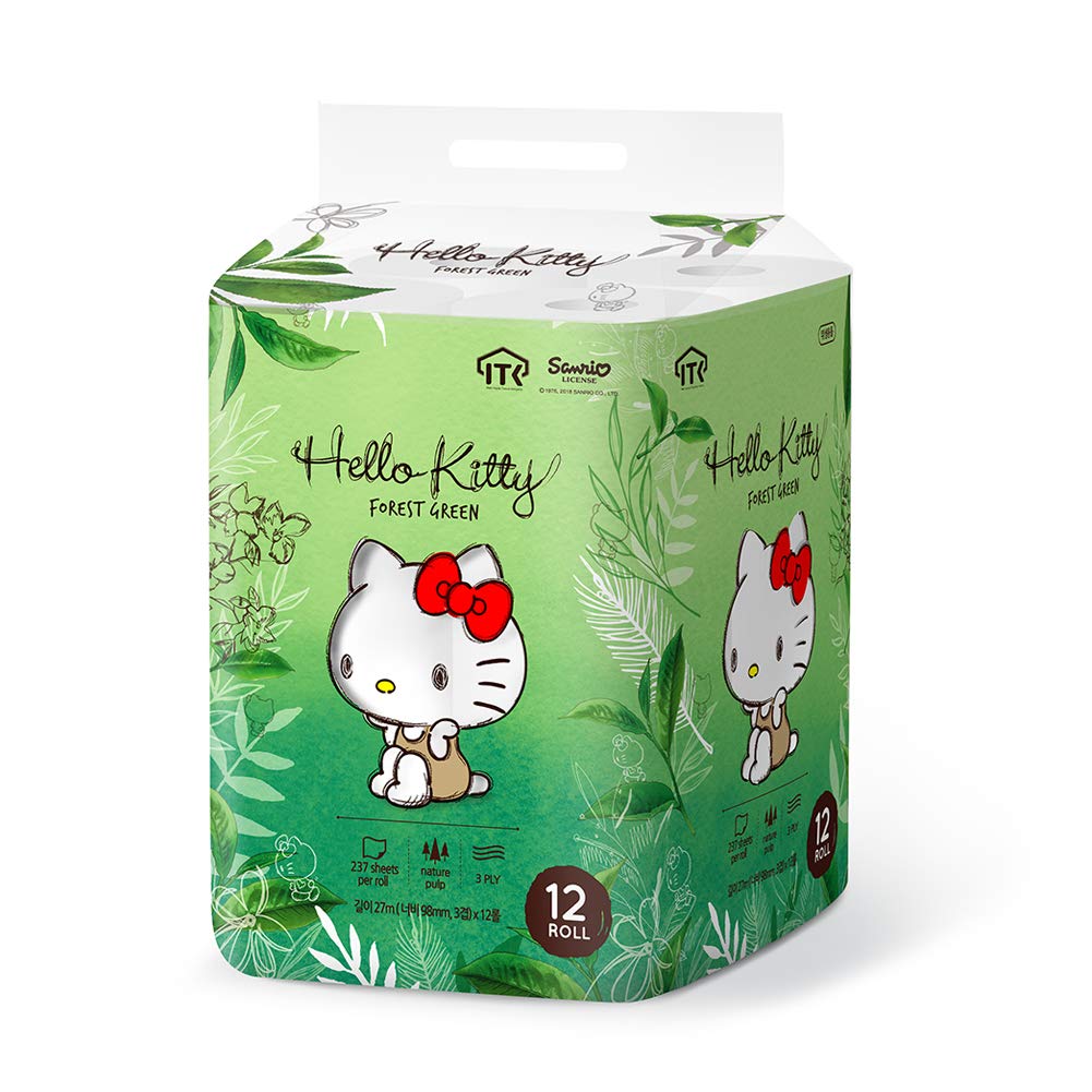 Hello Kitty Forest Green Toilet Paper - 100% Natural Wood Pulp, 3-Ply Ultra Soft, 24 Rolls (2 Packs of 12) - Cute Bathroom Tissue for Kawaii Home Decor, Kitty Lover Gift & Japanese Style Toilet Paper Holder Accessory