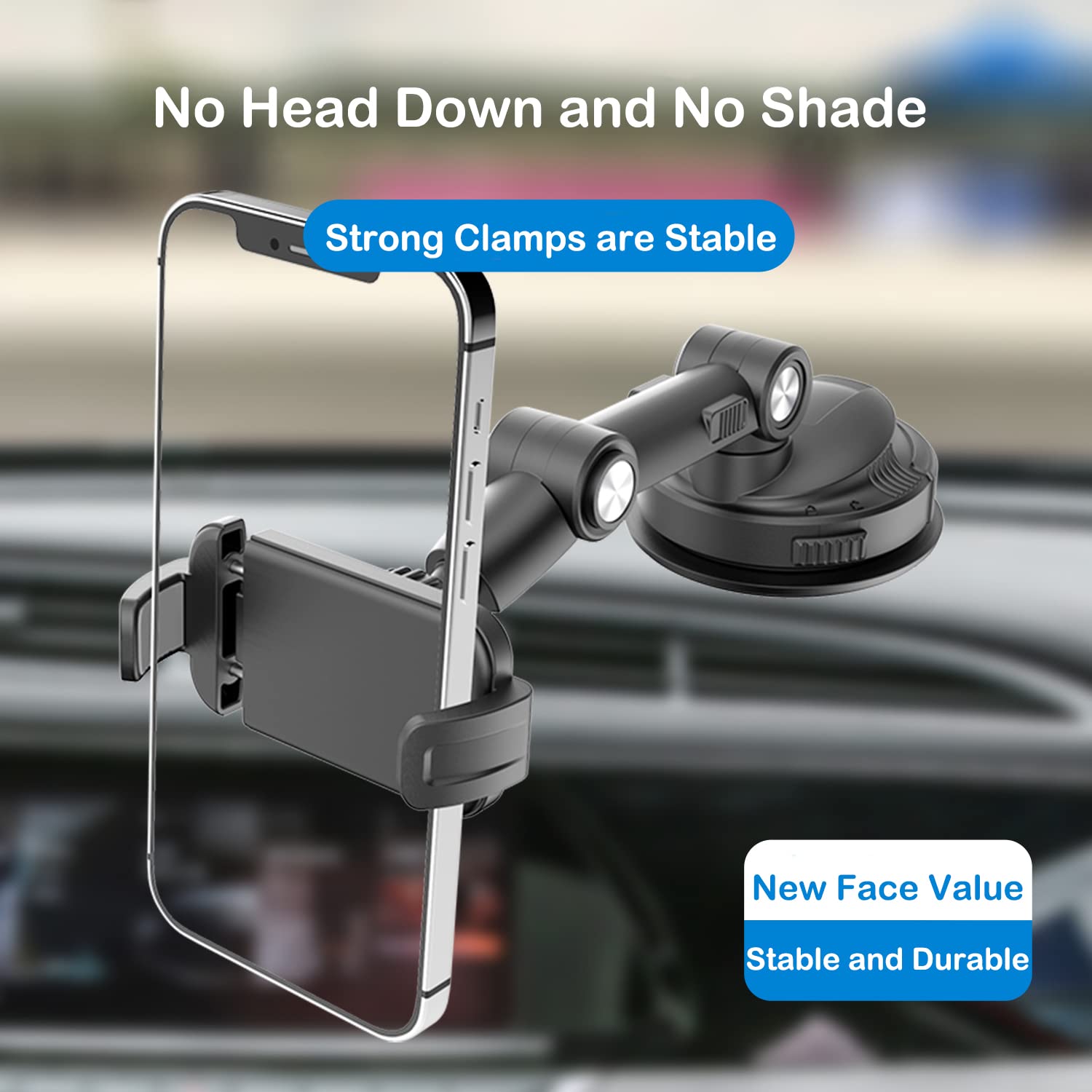 Universal Car Phone Mount Holder - Super Strong Suction Cup Dashboard Phone Stand, Adjustable Hands-Free Cell Phone Cradle for iPhone, Samsung & All Smartphones - Perfect for Safe Driving & GPS Navigation