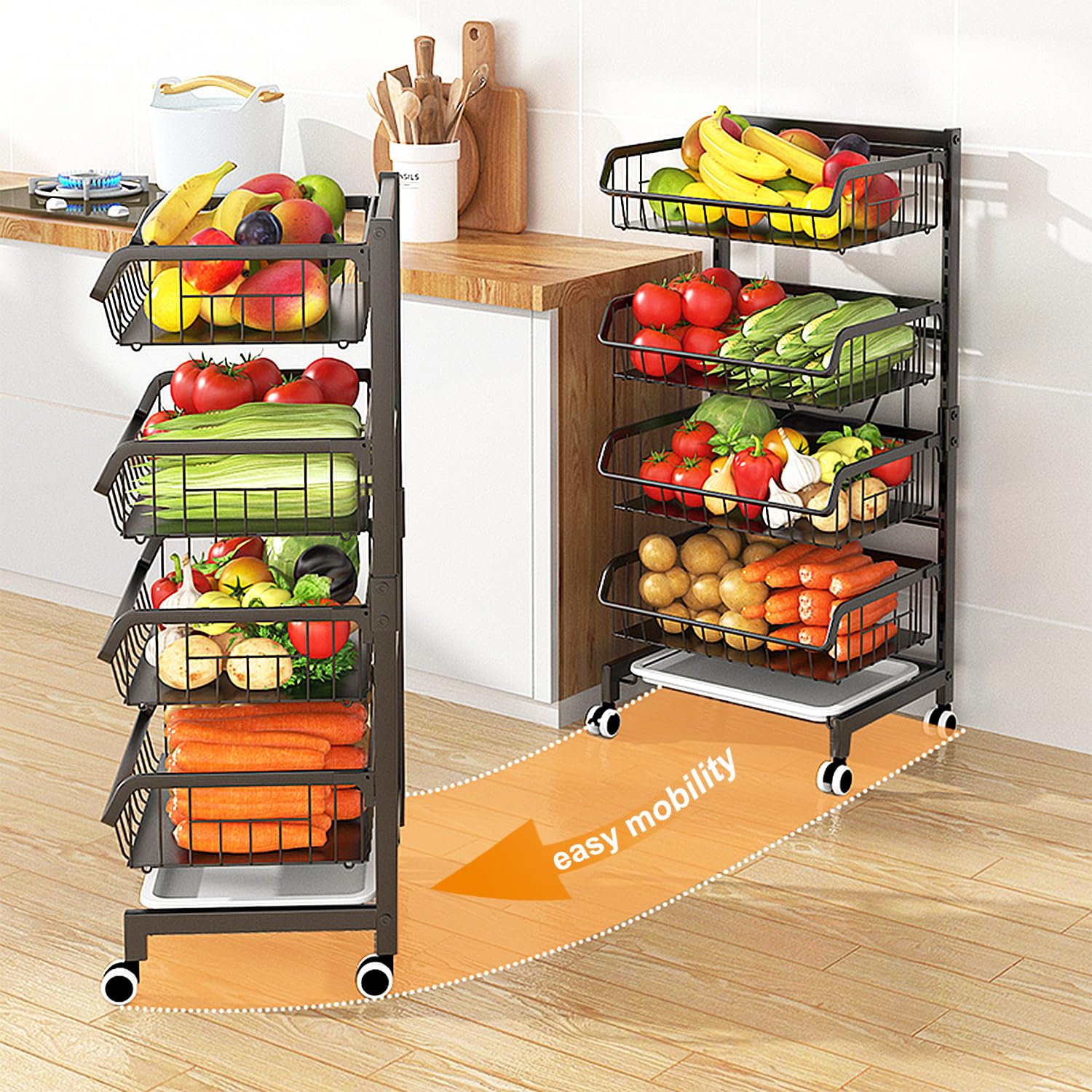4-Tier Rolling Kitchen Cart with Wheels - Adjustable Metal Wire Storage Organizer for Fruits, Vegetables, Pantry & Utility Room - Black Snack Basket Rack (Handle Not Included) - Perfect for Small Spaces, Dorm Rooms & Kitchen Organization