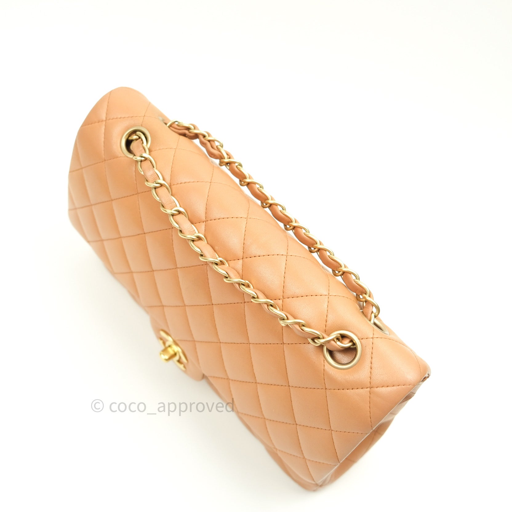 Chanel Classic Flap Bag M/L Size in Beige Lambskin Leather with Gold Hardware - Perfect for Everyday Luxury & Special Occasions