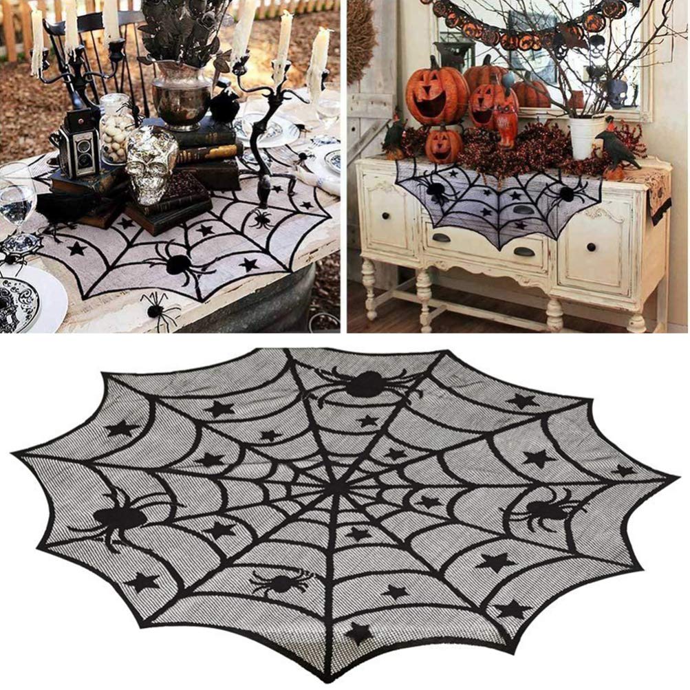 Premium Japanese Quilting Fabrics - Round Lace Tablecloth for Dining Table Decor, Halloween Party, Home Decor (Black Mesh Spider Design) - Perfect for Holiday Dinners, Themed Parties & Elegant Home Decorating