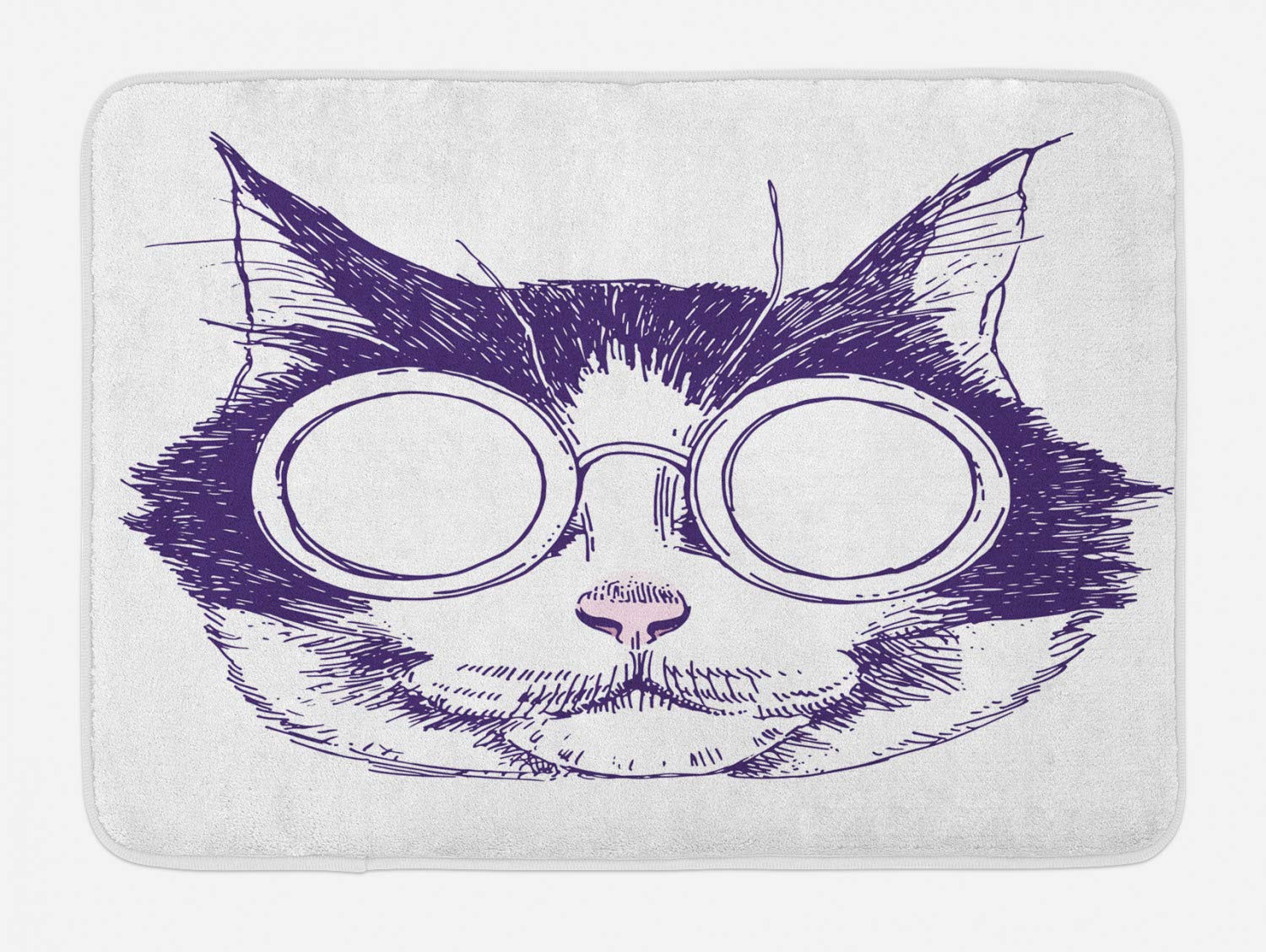 Ambesonne Non-Slip Plush Bath Mat - Funny Cat Portrait with Sunglasses Sketch Design, Soft Absorbent Bathroom Rug, 30.2 x 20 Inches, Indigo & Pale Pink - Perfect for Cat Lovers' Bathroom Decor & Gift Idea