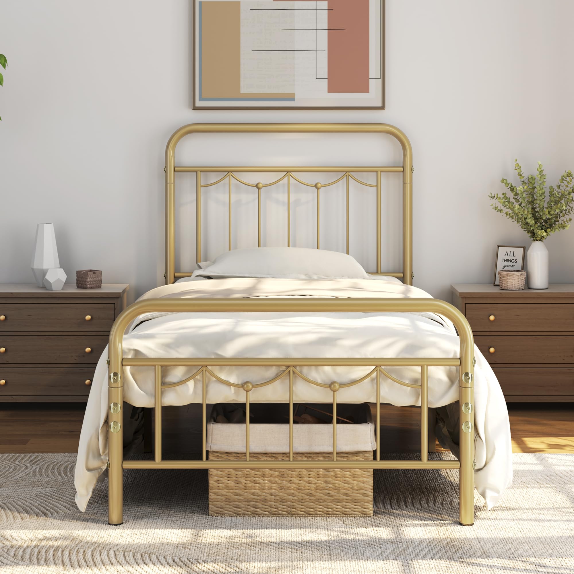 Yaheetech Twin Size Metal Bed Frame with Vintage Headboard & Footboard - Farmhouse Style Platform Bed with Heavy Duty Steel Slats, No Box Spring Needed, Under Bed Storage Space - Perfect for Guest Rooms, Kids Rooms & Small Apartments (Antique Gold)