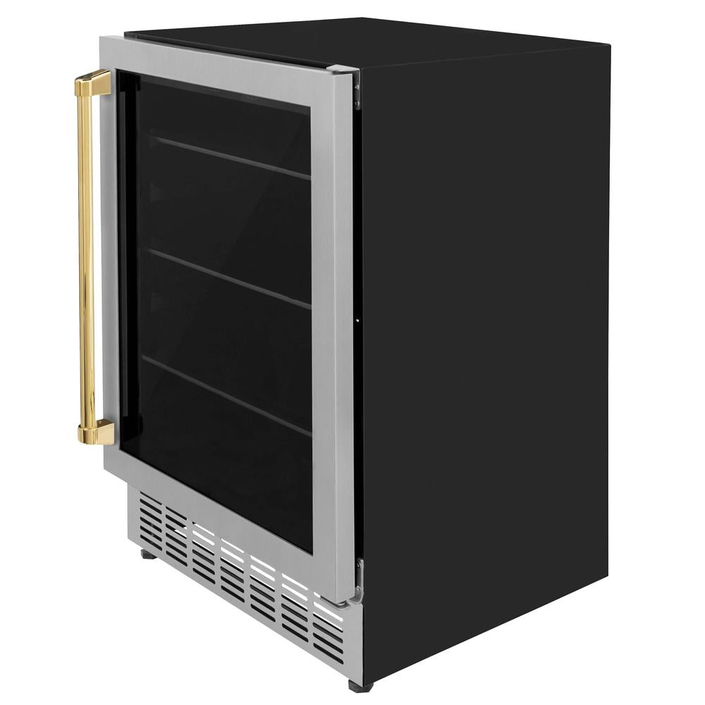 ZLINE Autograph Edition 24 Inch Stainless Steel Beverage Cooler with Polished Gold Accents - 154 Can Capacity (RBVZ US 24 G) | Perfect for Home Bars, Man Caves, and Entertaining Guests