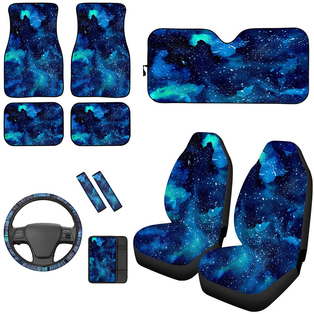 UNICEU Blue Galaxy Nebula Space Car Accessories Set - Front Seat Covers, Floor Mats, Steering Wheel Cover, Armrest Cover, Seat Belt Pads & Sunshade | Universal Fit for Most Cars | Perfect for Road Trips & Daily Commute