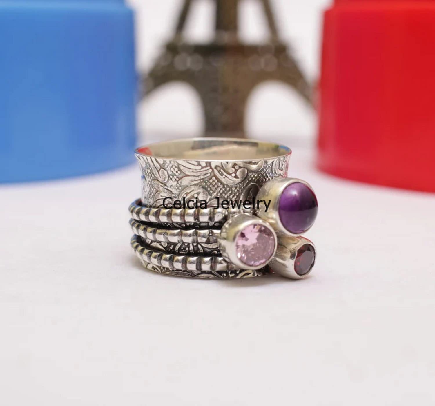 Amethyst & Garnet Double Gemstone Silver Spinner Ring - January & February Birthstone Jewelry, Meditation & Anxiety Relief Fidget Ring, Size 7 - Perfect for Stress Relief, Focus & Spiritual Healing