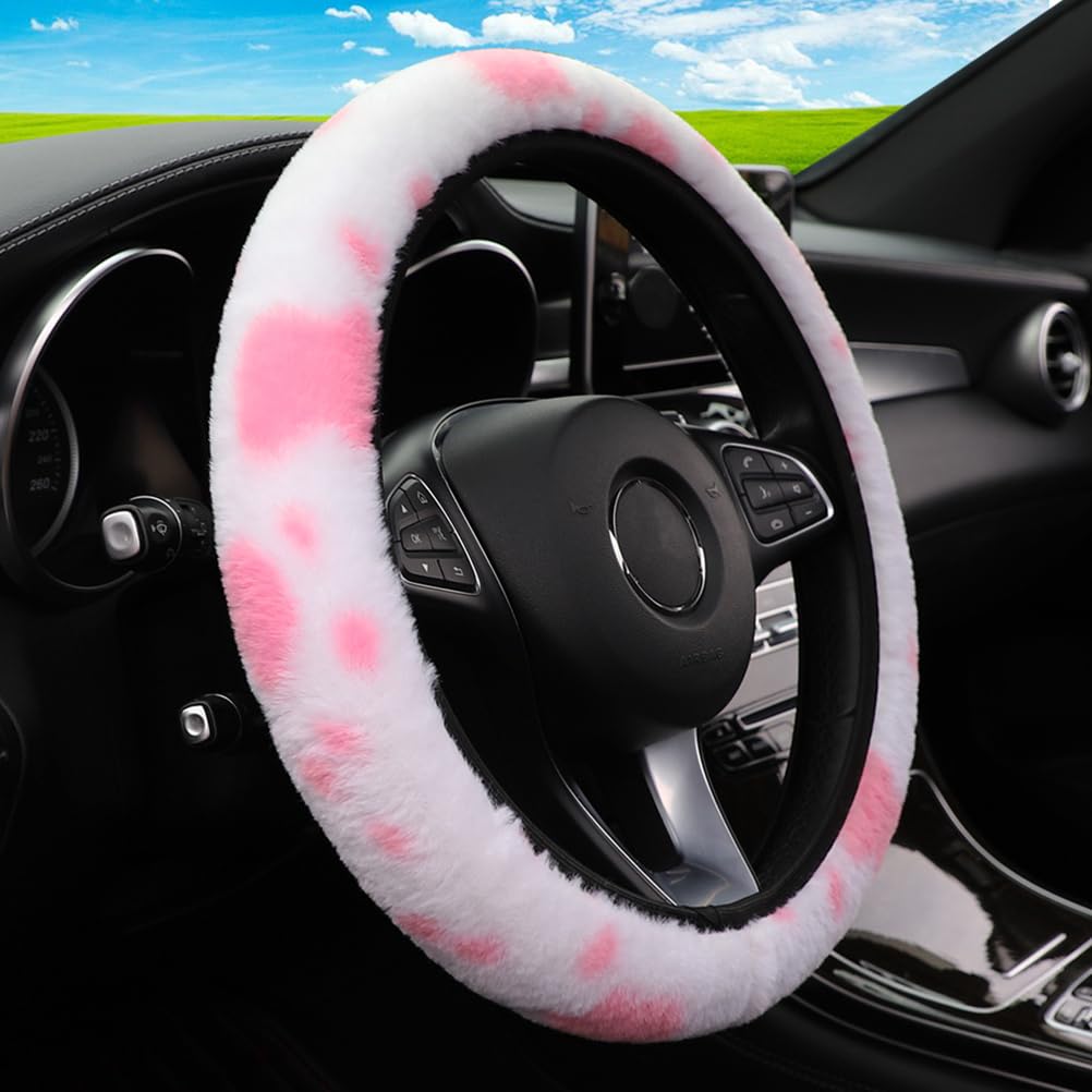 Pink Cow Print Steering Wheel Cover - Fluffy Warm 15 Inch for Women & Girls - Winter Driving Comfort