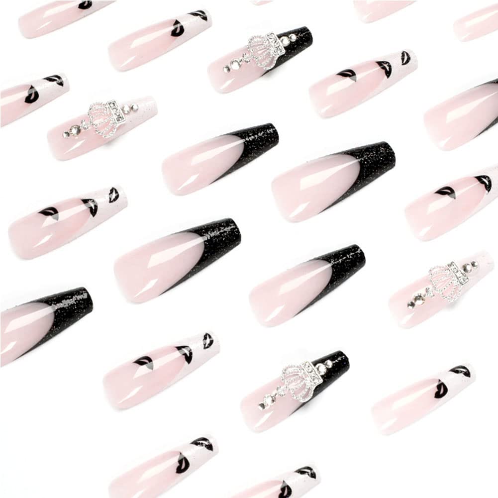 24Pcs Press on Nails - Long Coffin Fake Nails with Glossy Crown Design, Ballerina Clip on Full Cover False Nails for Women & Girls | Perfect for Parties, Weddings, Date Nights & Special Occasions