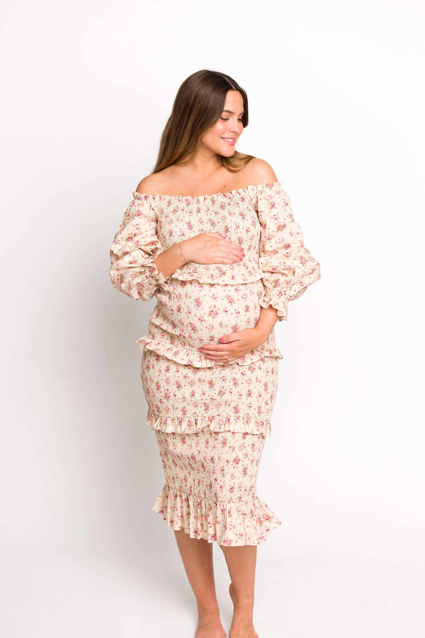 Lila Floral Printed Smocked Midi Dress - Pink Maternity Dress for Pregnancy, Bump Friendly, Summer Casual Wear, Baby Shower & Photoshoot Outfit