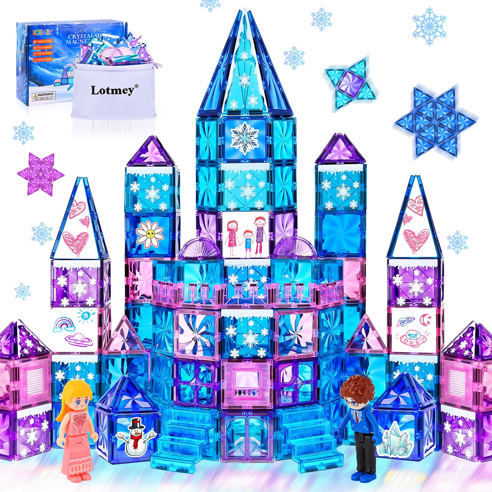 145pcs Frozen Castle Magnetic Tiles Set with Magnetic Doodle Kit - STEM Educational Toys for Girls Ages 3-12 | Includes Stairs, Dolls, Decals & Stickers | Perfect Birthday & Christmas Gift for 3-8 Year Old Girls | Creative Building & Drawing Play for Home & Classroom