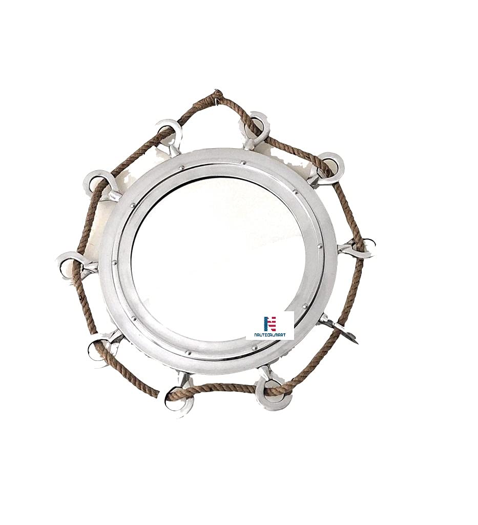 Large Silver Porthole Mirror with Rope - Nautical Ship Decor for Bathroom, Living Room, or Bedroom Wall Art