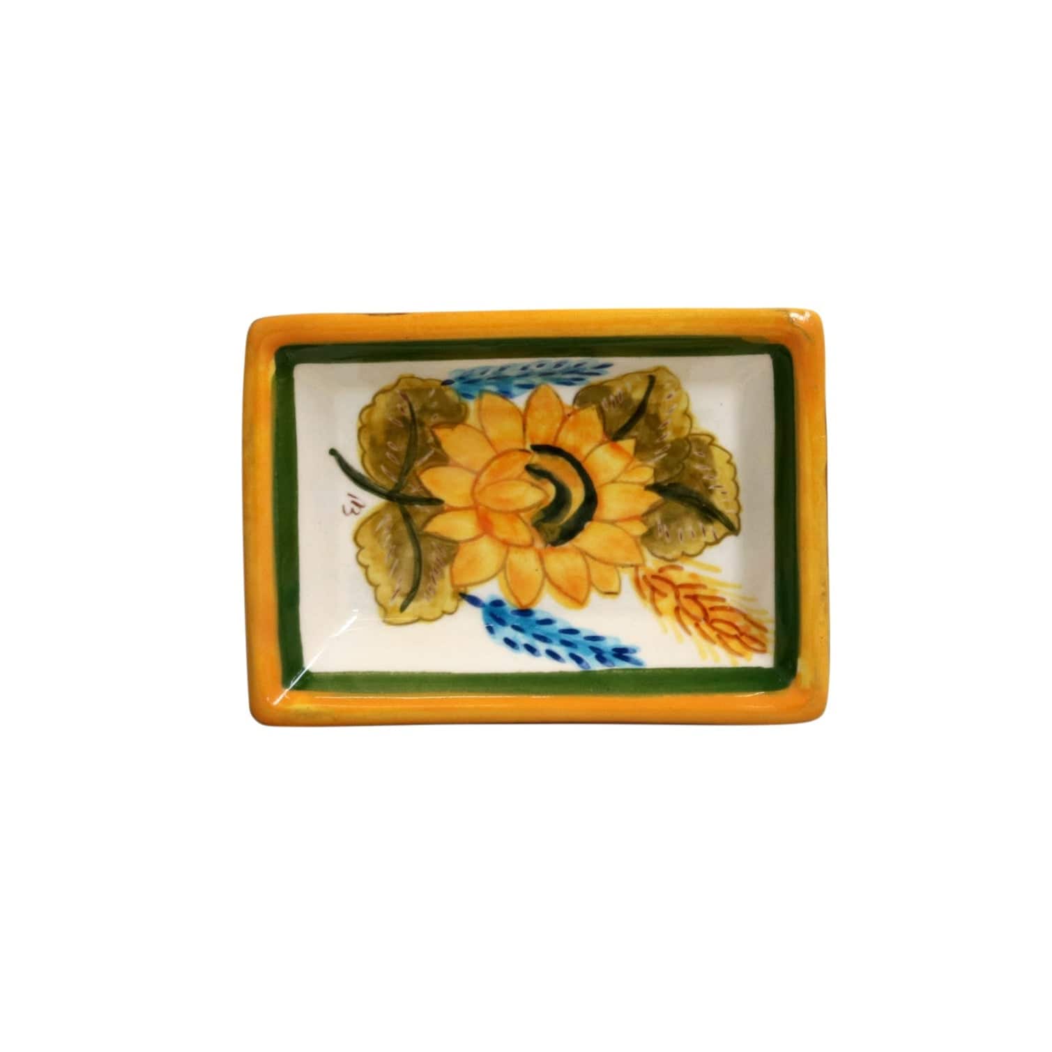 Handmade Alentejo Terracotta Rectangular Dipping Bowl with Sunflower Design - Perfect for Olive Oil, Sauces & Appetizer Serving - Authentic Portuguese Tableware for Home & Restaurant Use