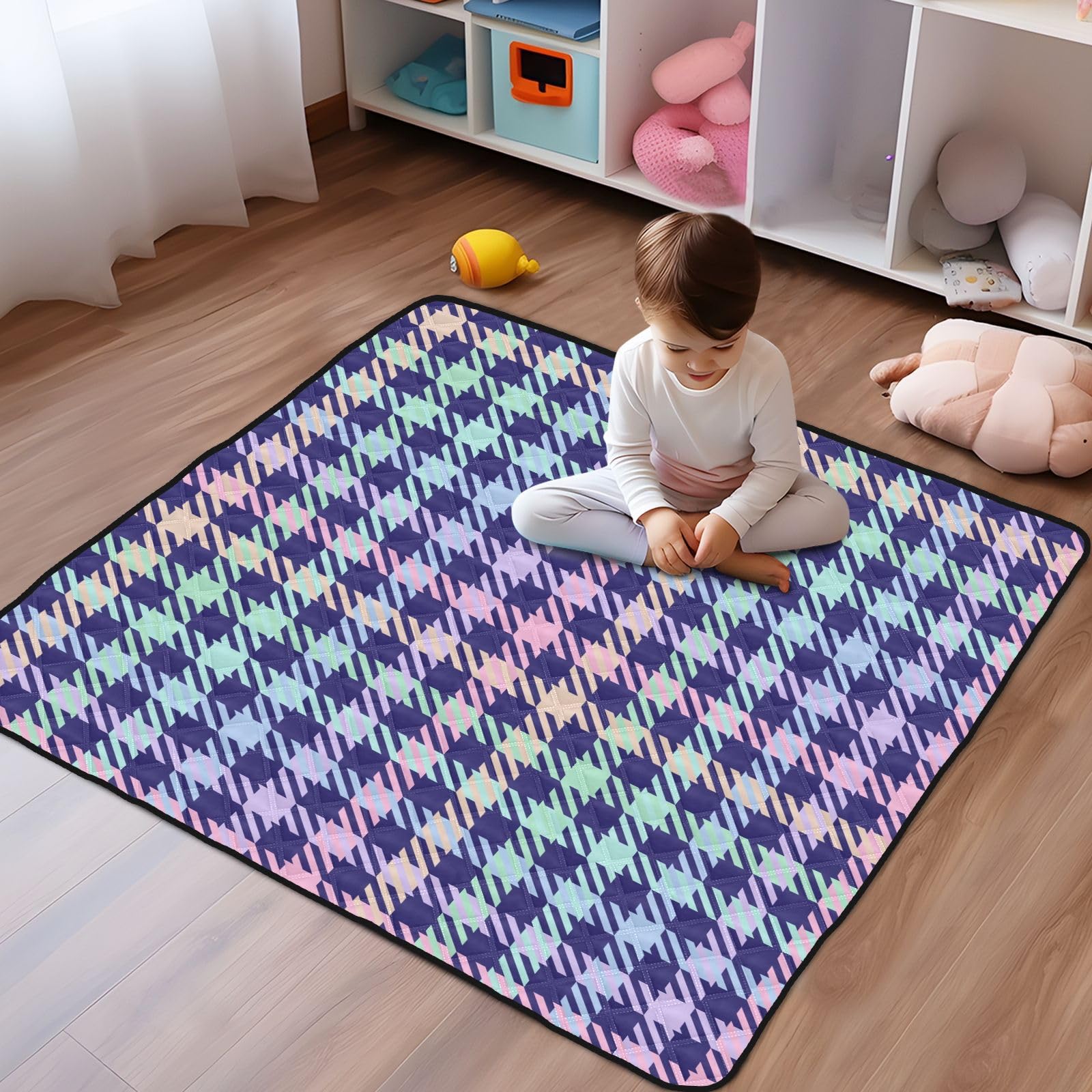 Pastel Rainbow Plaid Navy Baby Playmat - 50'' x 50'' Large Soft Crawling Mat for Infants & Toddlers | Waterproof, Breathable & Non-Slip | Perfect for Nursery, Playroom, Daycare & Outdoor Use