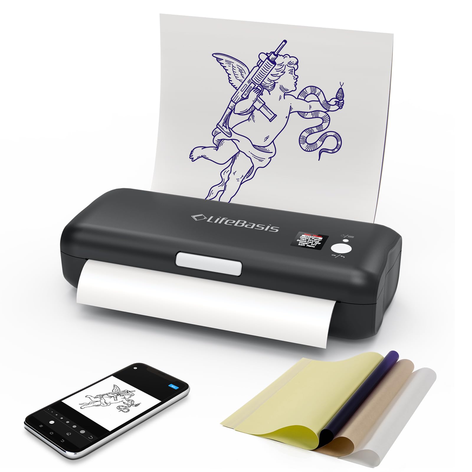 LifeBasis Bluetooth Tattoo Stencil Printer - Wireless Thermal Tattoo Transfer Machine with 30PCS Stencil Paper, Compatible with iOS & Android - Perfect for Tattoo Artists & Home Tattoo Kits