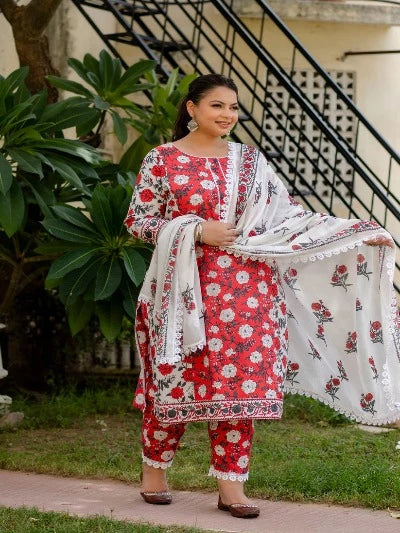 Plus Size Red & White Floral Printed Cotton Salwar Suit for Women | Comfortable Indian Ethnic Outfit for Festivals, Weddings & Special Occasions