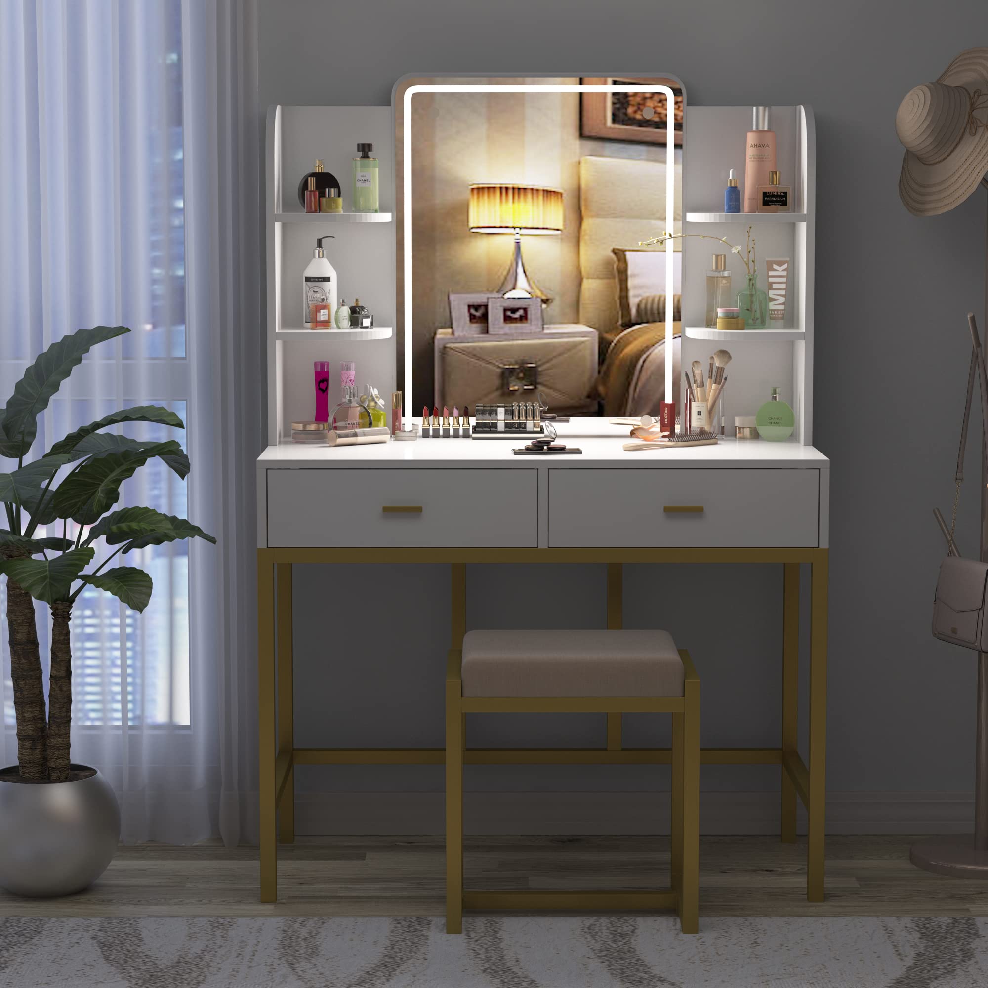 Lighted Makeup Vanity Set with Mirror & Stool - Gold-White Dresser for Bedroom Beauty