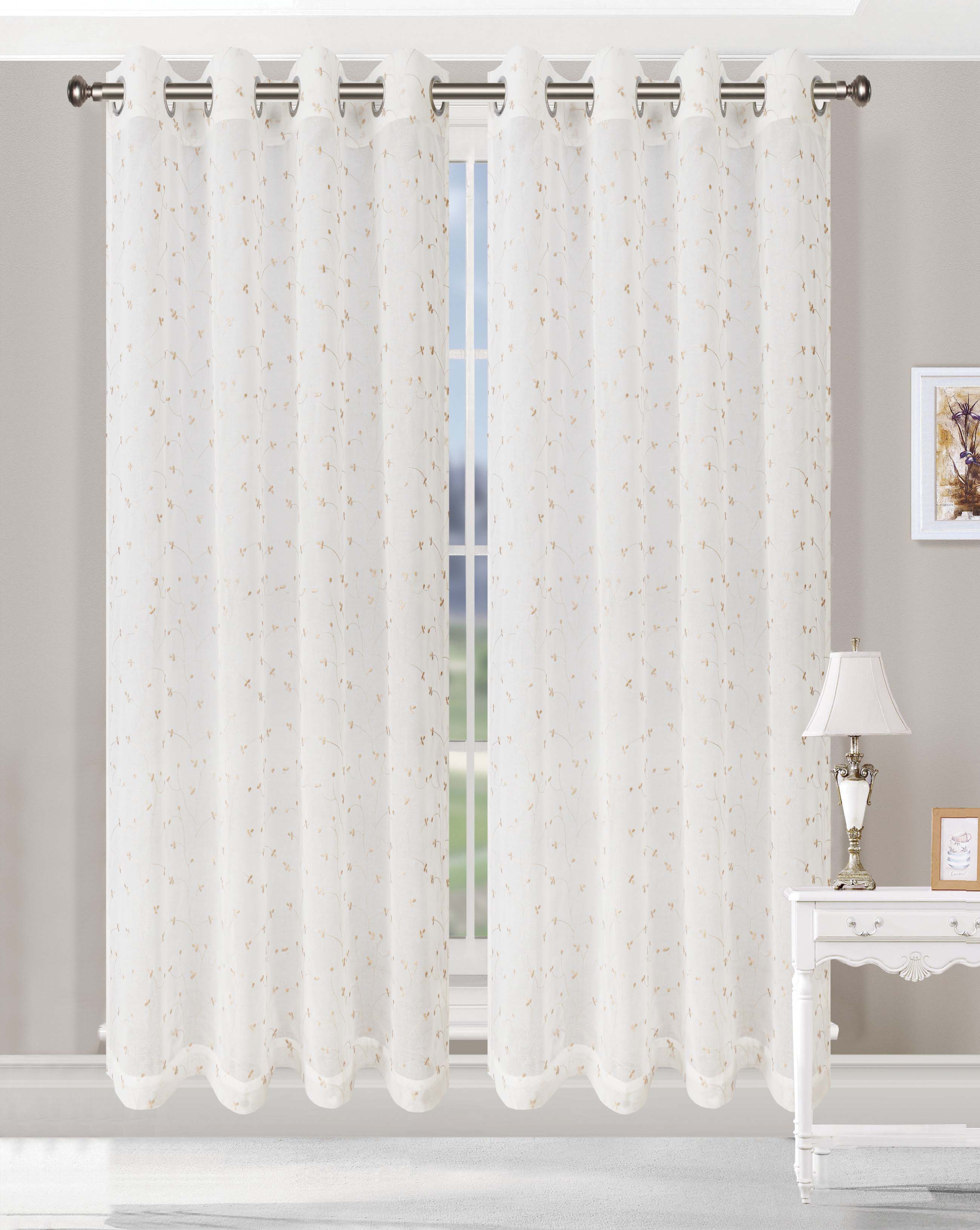 Embroidered Delicate Flower Sheer Grommet Curtain Panel Set - Elegant Window Treatment for Living Room & Bedroom