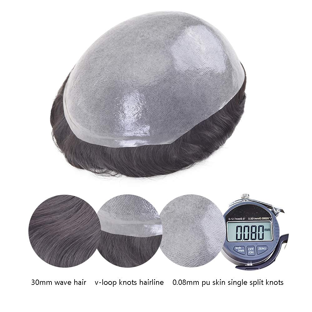 Premium Men's Hair System with 100% Human Hair - 0.08mm Natural Skin Base, 8x10 Inch Toupee for Thinning Hair (Dark Brown with 40% Gray Mix) - Perfect for Daily Wear, Special Occasions & Confidence Boosting