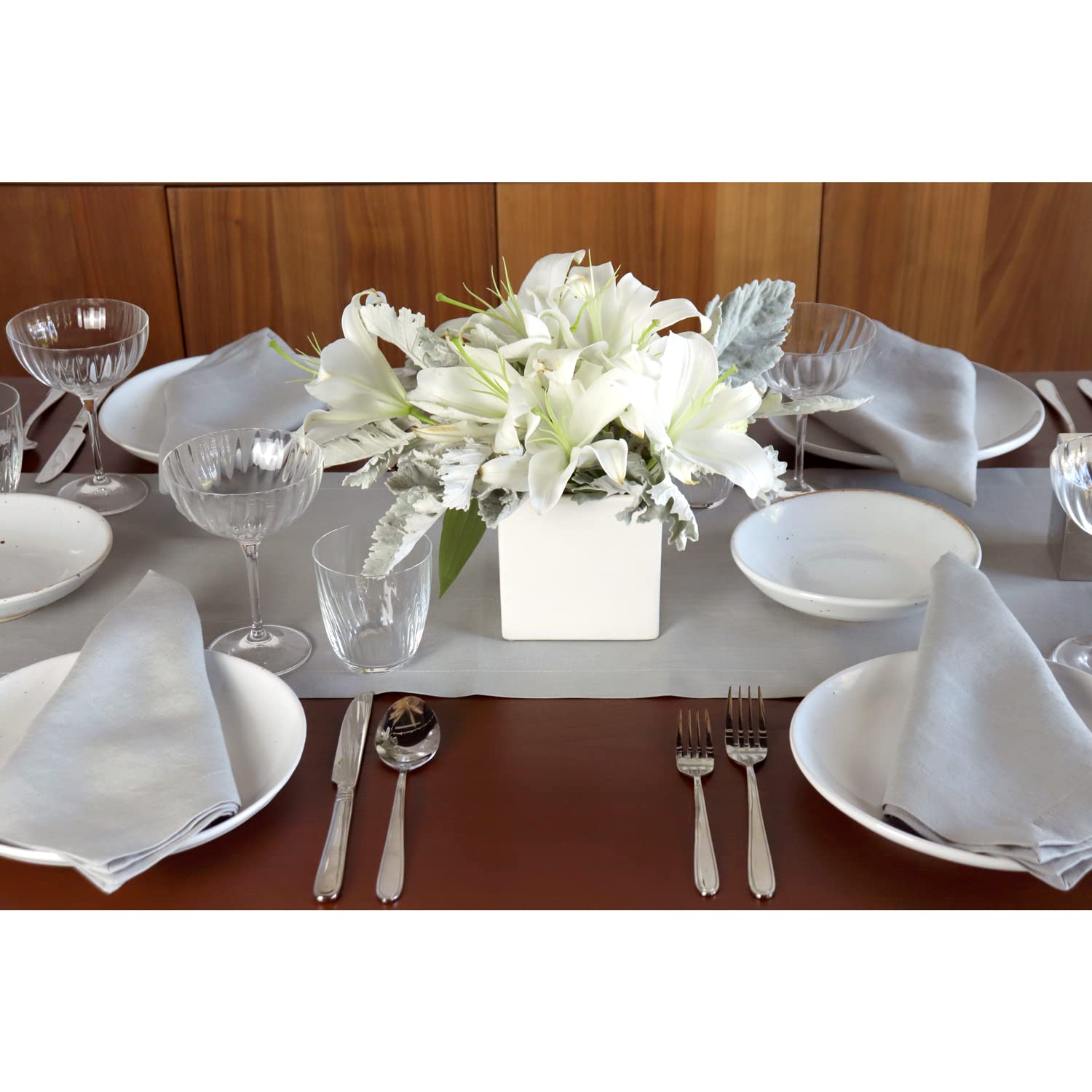 Luxury Silver Grey Linen Table Runner 14x126 - Premium Italian Linen Handcrafted in USA - Elegant Dining Table Decor for Weddings, Dinner Parties & Home Decor