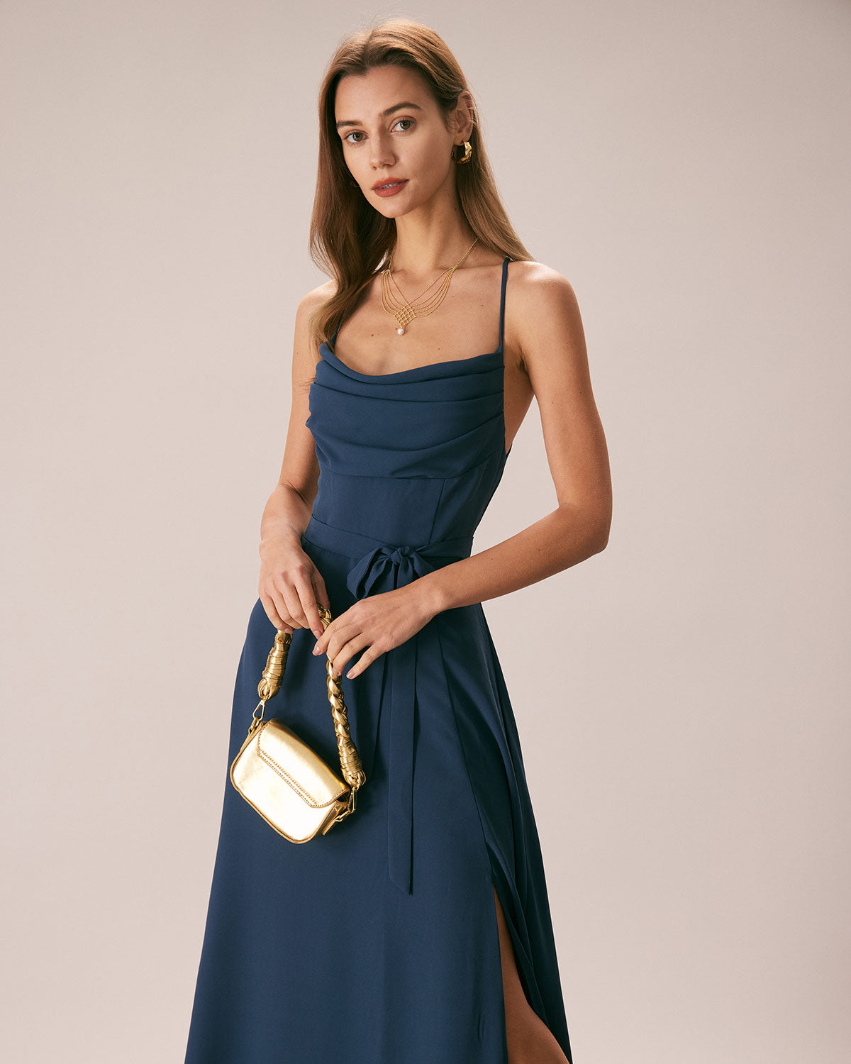 Elegant Navy Blue Cowl Neck Cutout Back Maxi Dress for Women - Perfect for Evening Parties, Weddings & Special Occasions