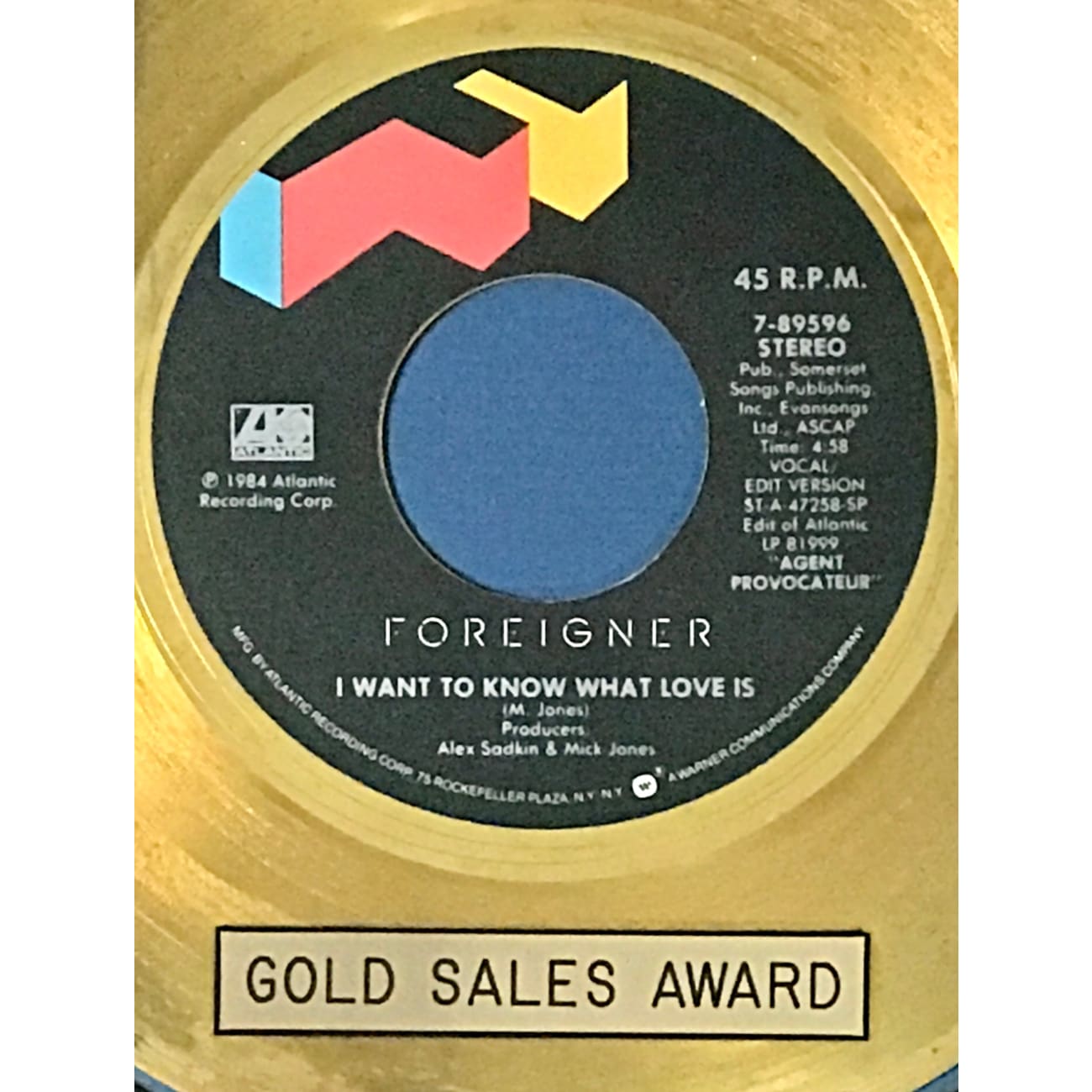 Foreigner - I Want To Know What Love Is RIAA Gold Certified Single - Perfect for Romantic Moments & 80s Music Collections