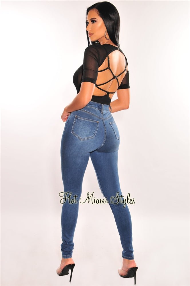 Sexy Black Sheer Mesh Padded Bodysuit with Strappy Back & High Cut Design - Perfect for Date Night, Lingerie Fashion & Boudoir Photography