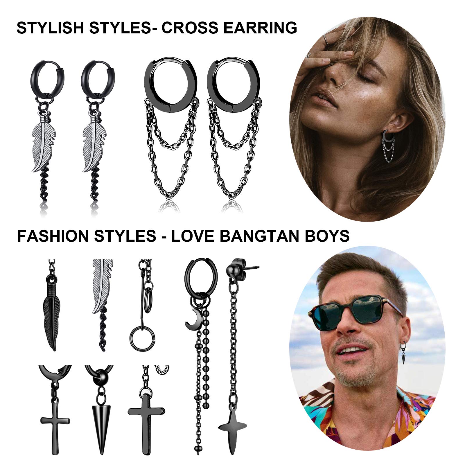 FIFATA 20-Piece Men's Earring Set - Black Stainless Steel Chain Hoop, Cross, Moon & Star Dangle Earrings for Men & Women | Hypoallergenic Body Jewelry for Everyday Wear, Parties & Gifts