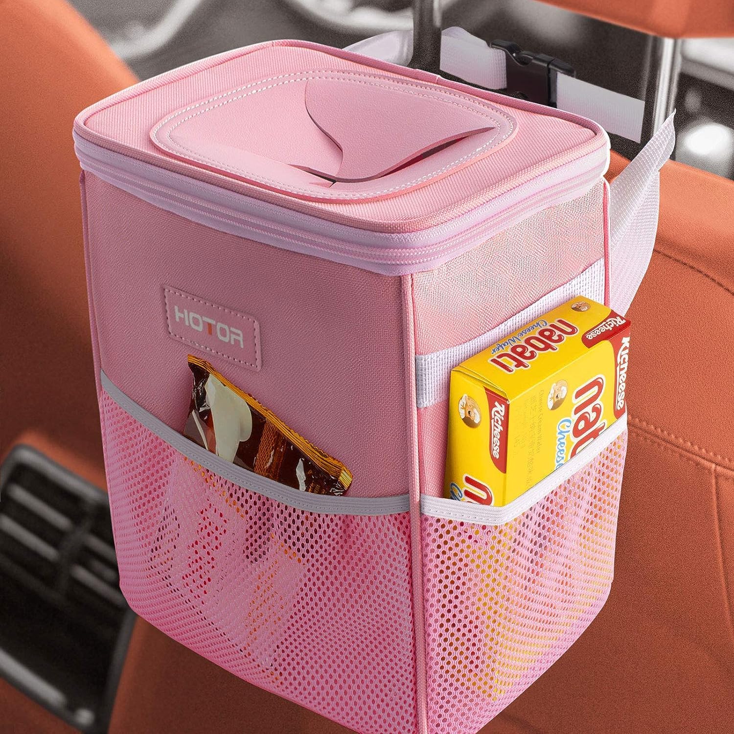 HOTOR 2 Gallon Car Trash Can with Lid - Leak-Proof Waterproof Garbage Bin with Storage Pockets | Multi-Purpose Vehicle Organizer for Road Trips, Commuting & Family Travel (Pink)