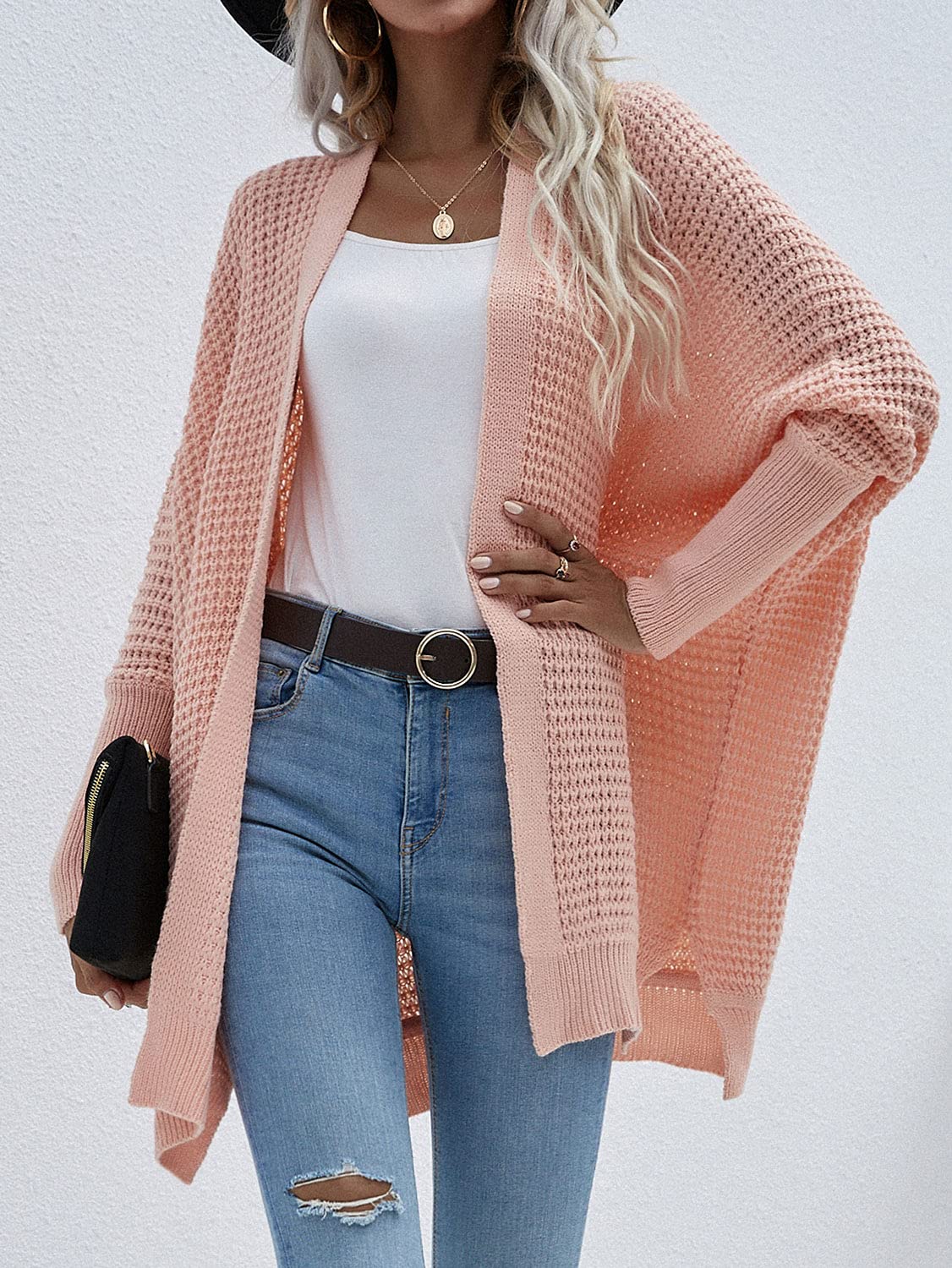 Women's Chunky Knit Waffle Cardigan - Ribbed Cuffs & Open Front Batwing Sweater - Long Sleeve Loose Casual Coat for Fall & Winter (Perfect for Coffee Dates, Office Wear & Cozy Evenings)