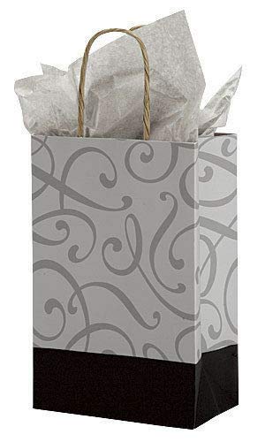 Eco-Friendly Black & Silver Swirl Paper Shopping Bags - 100 Pack (5.25