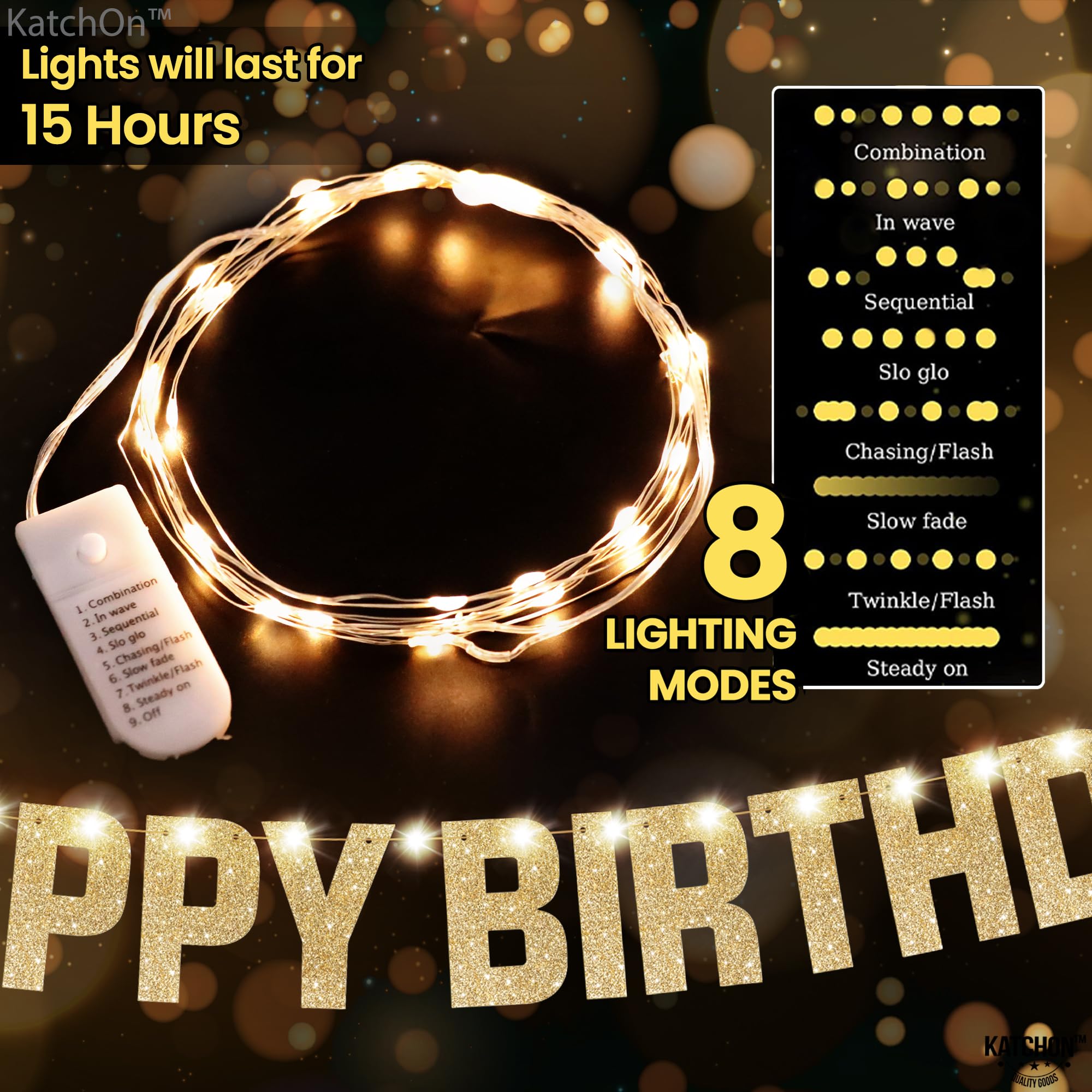 KatchOn 10ft Light Up Happy Birthday Banner with 8 Modes - Glitter Gold Party Decor for Indoor/Outdoor Celebrations, Anniversaries & Special Events
