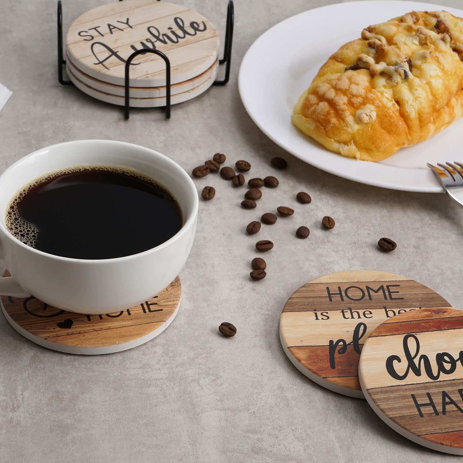 Adorever 6-Pack Absorbent Ceramic Drink Coasters with Holder - Rustic Farmhouse Style for Coffee Table Protection | Perfect Housewarming Gift & Home Decor for Kitchen, Living Room, and Dining Room Use
