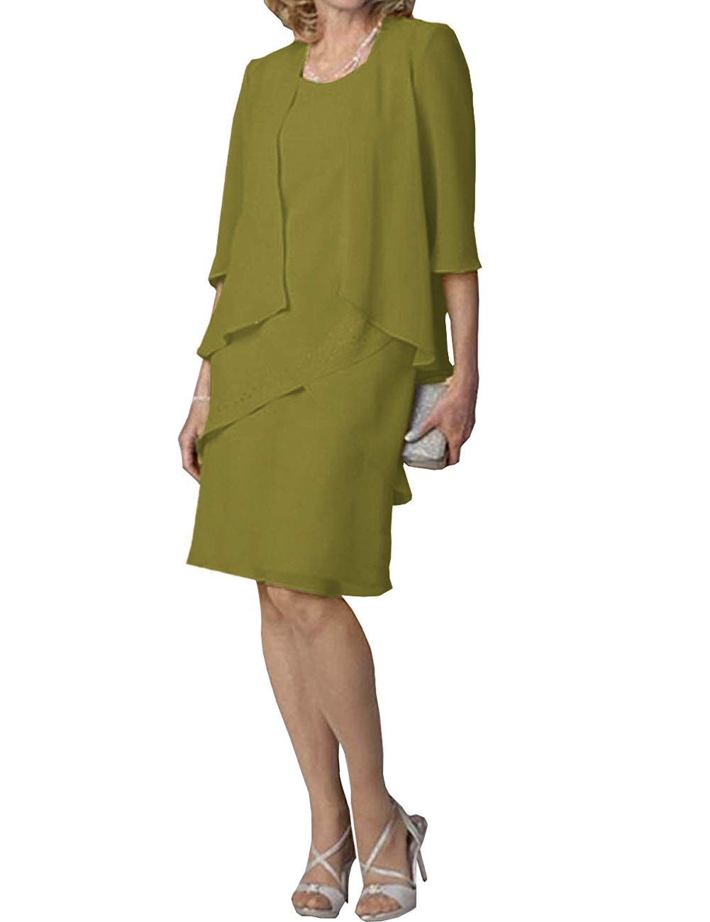 Elegant Mother of the Bride Dress - Short Formal Evening Gown with 3/4 Sleeve Chiffon Jacket & Tiered Skirt | Perfect for Weddings, Receptions & Special Occasions