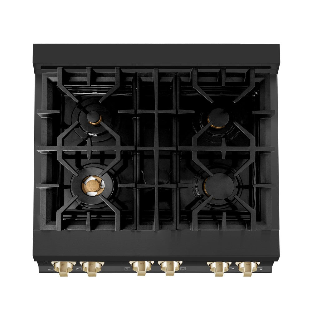 ZLINE Autograph Edition 30-inch Black Stainless Steel Dual Fuel Range & Range Hood Kitchen Package with Polished Gold Accents (2AKP RABRH30 G) - Perfect for Modern Kitchens & Professional Chefs