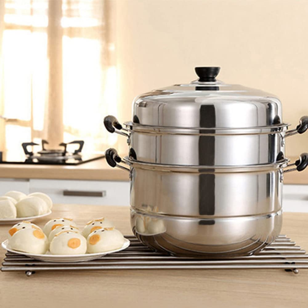 Stainless Steel 3-Layer Soup Stock Pot with Steamer - 28 Quart Multi-Function Cooking Pot for Induction, Gas & Electric Stoves - Perfect for Soups, Stews, Pasta & Large Family Meals (As Shown)