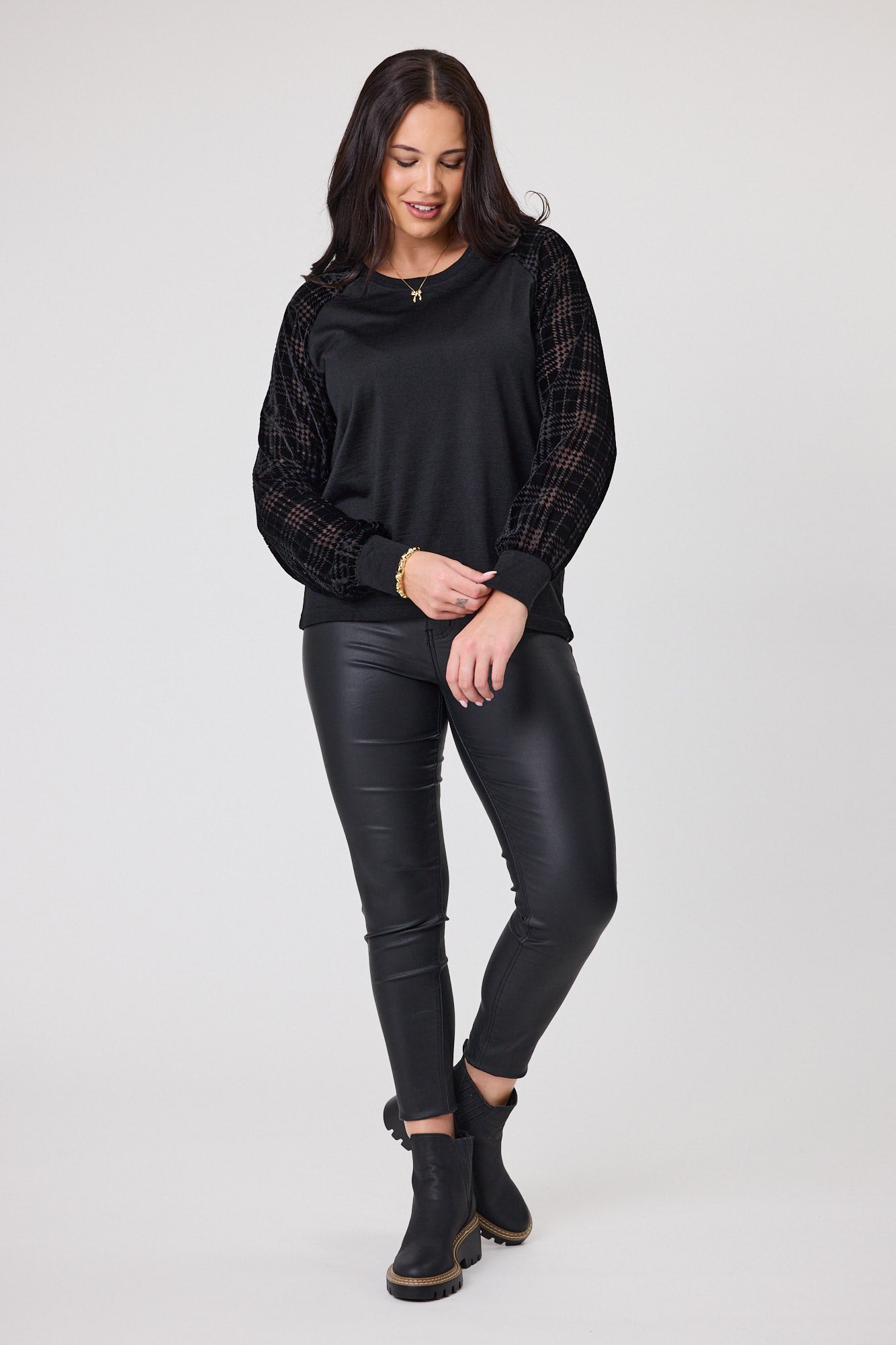 Alpine by Shine On Chantily Merino Flocked Sleeve Top for Women - Soft Wool Blend Long Sleeve Shirt - Black - Perfect for Winter Layering & Casual Office Wear